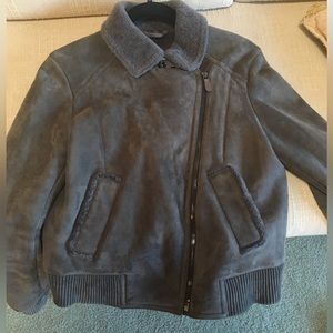 Authentic Coach full shearling bomber jacket. Grey. Sits at waist in back.